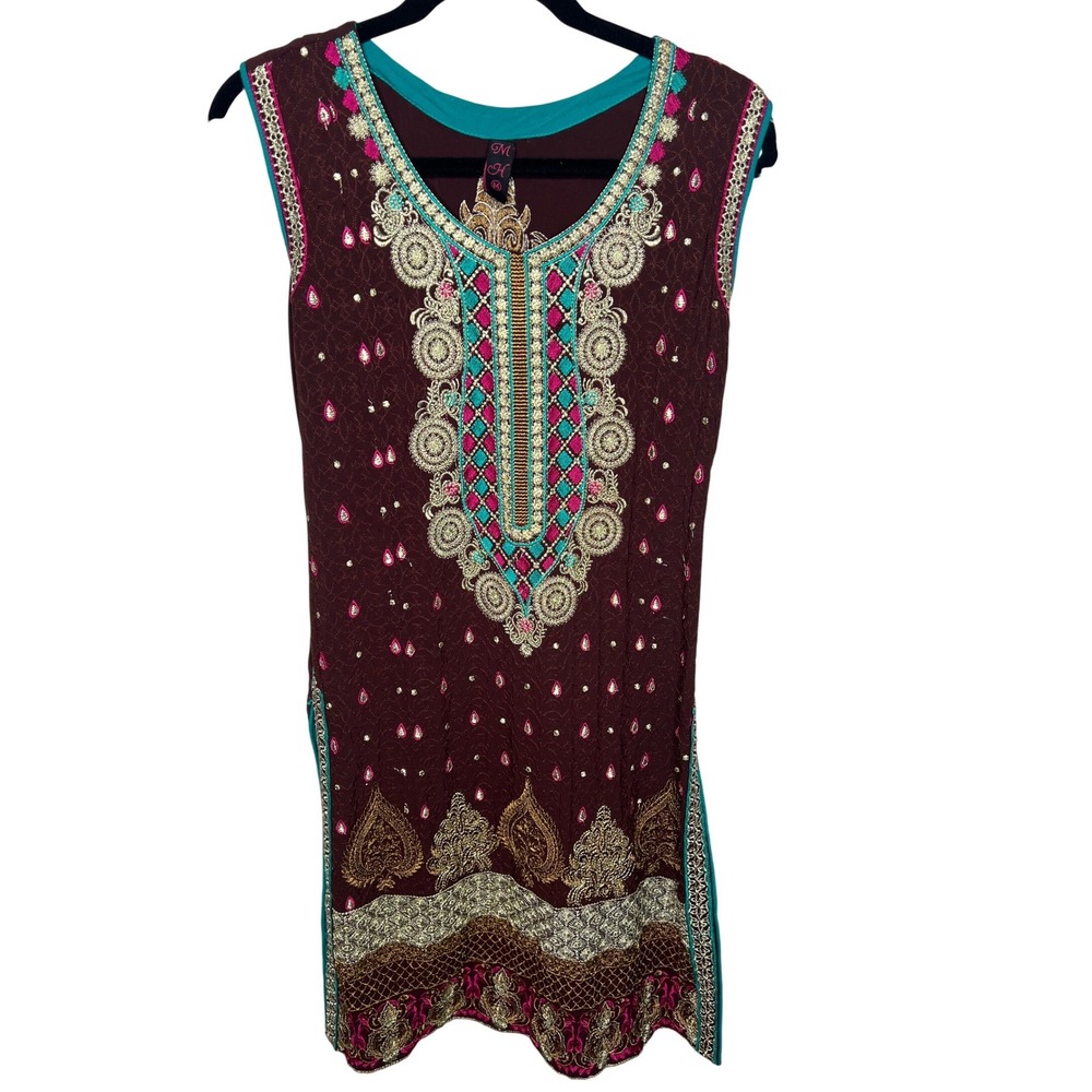 MH Burgundy Embroidered Sleeveless Kurti Tunic Teal‎ Trim Medium